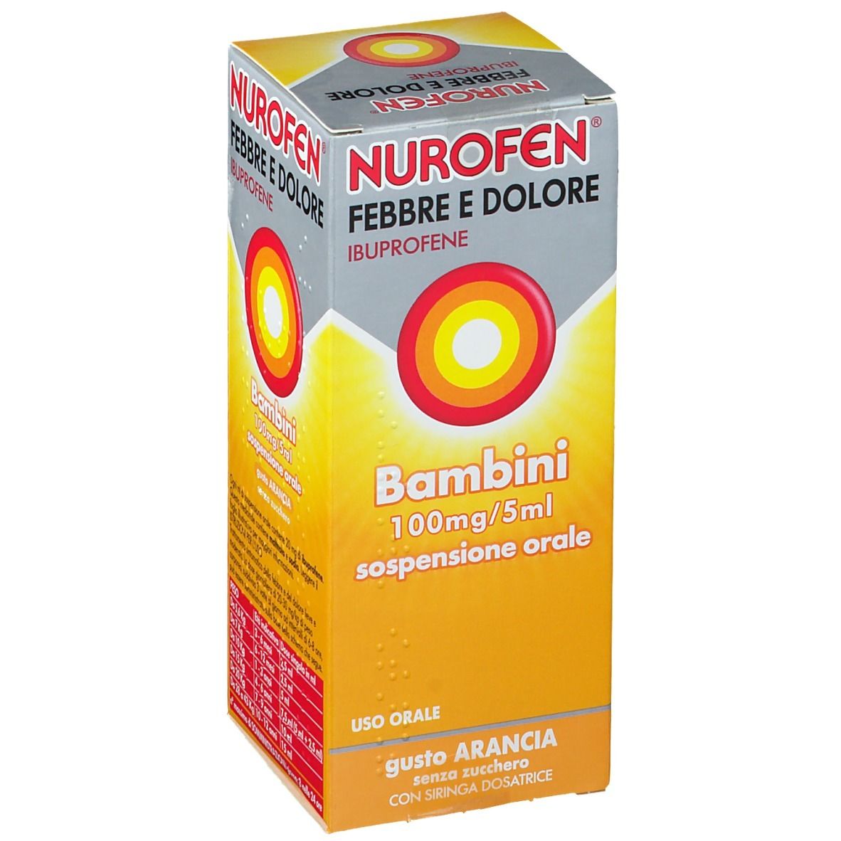 Nurofen Febbre e Dolore Bambini 100mg/5ml sospensione orale gusto arancia senza zucchero con siringa