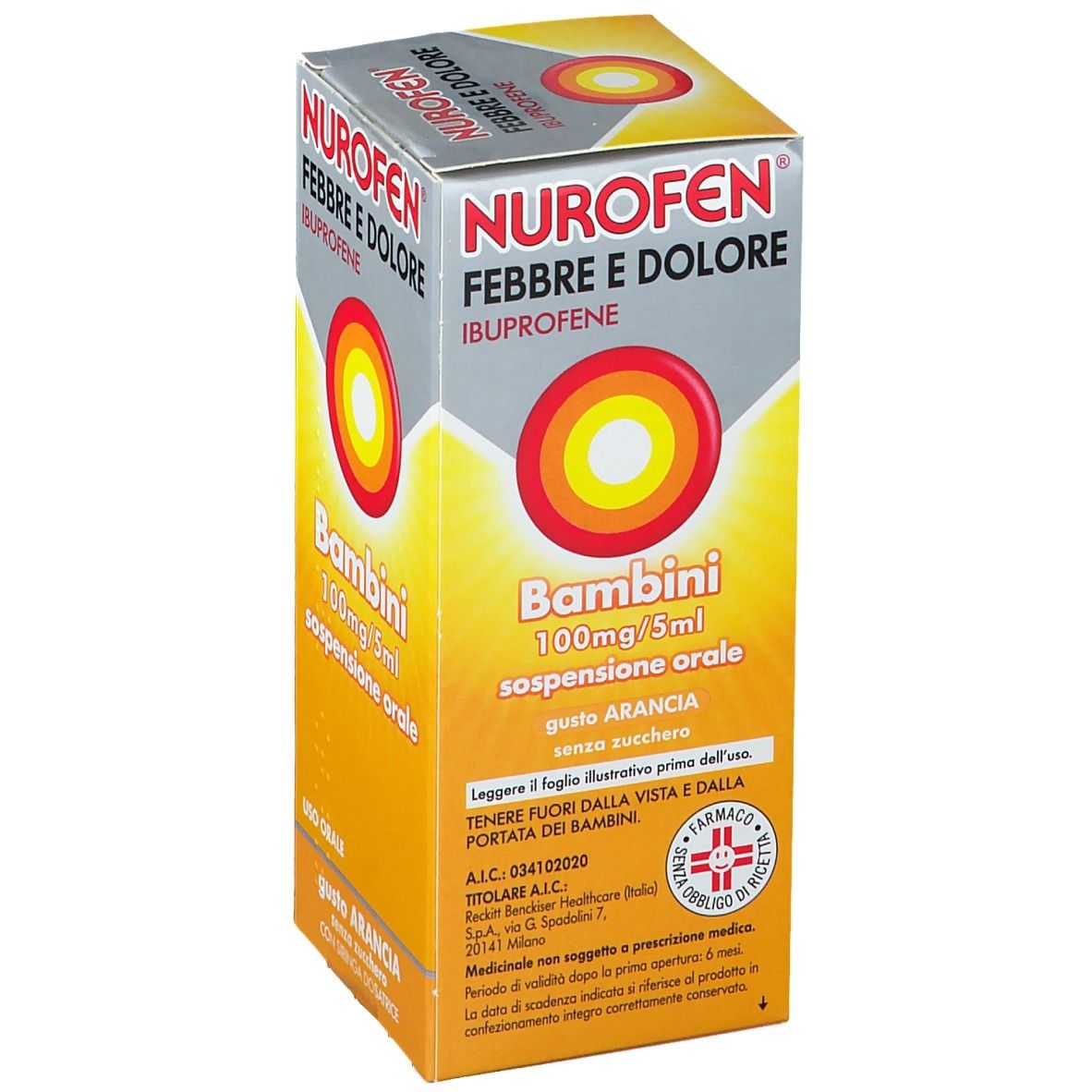 Nurofen Febbre e Dolore Bambini 100mg/5ml sospensione orale gusto arancia senza zucchero con siringa