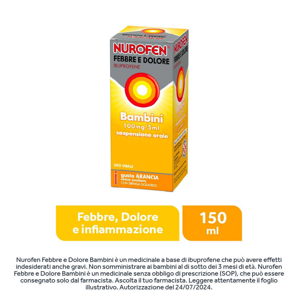 Nurofen Febbre e Dolore Bambini 100mg/5ml sospensione orale gusto arancia senza zucchero con siringa