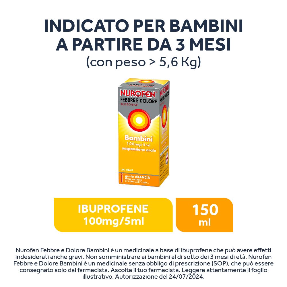 Nurofen Febbre e Dolore Bambini 100mg/5ml sospensione orale gusto arancia senza zucchero con siringa