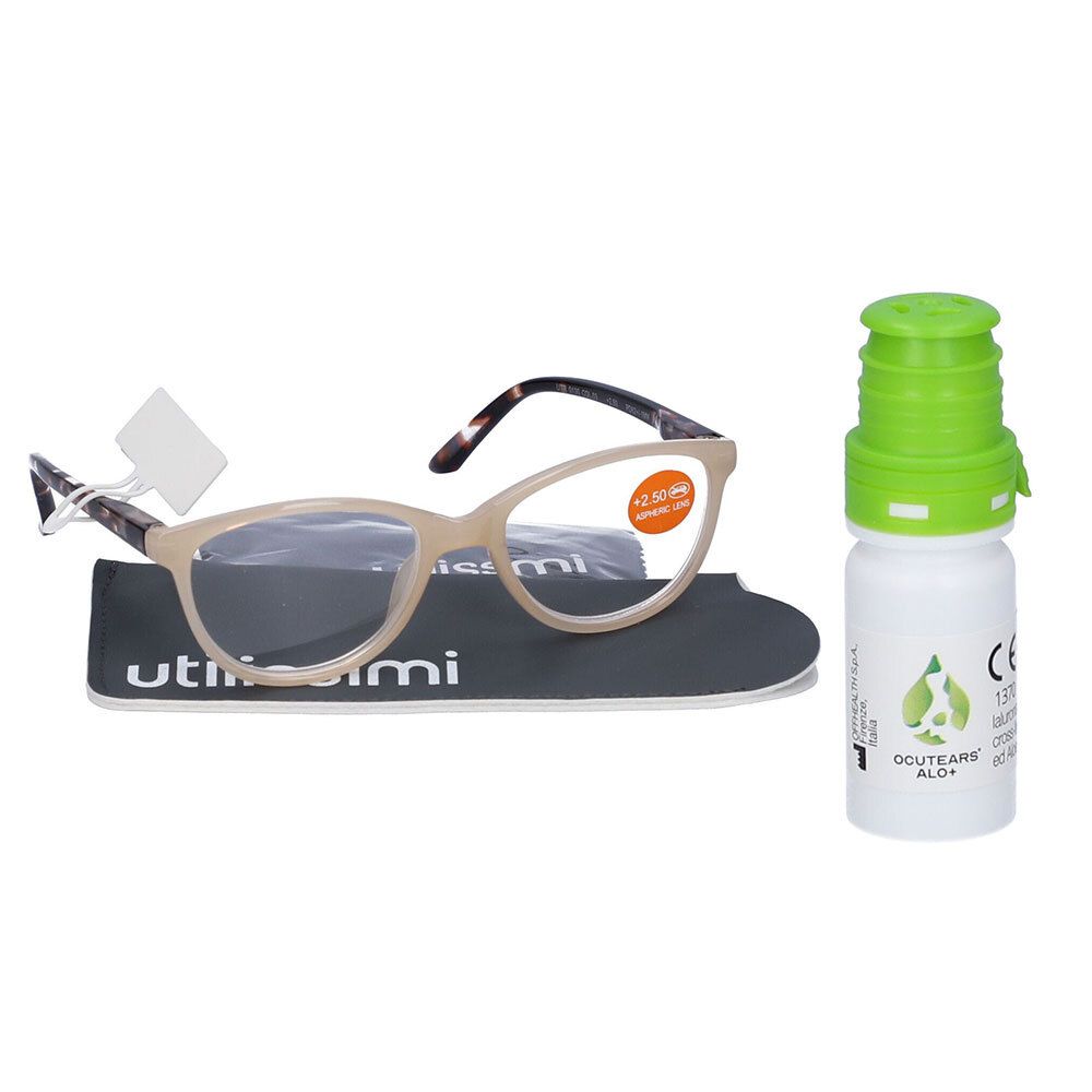 Set UTILISSIMI Occhiali da Lettura Crema/Avana +2,50 Diottrie +  Ocutears Alo®+ Soluzione Oftalmica Lubrificante Senza Conservanti con Ialuronato di Sodio Cross-Linkato e Aloe Vera