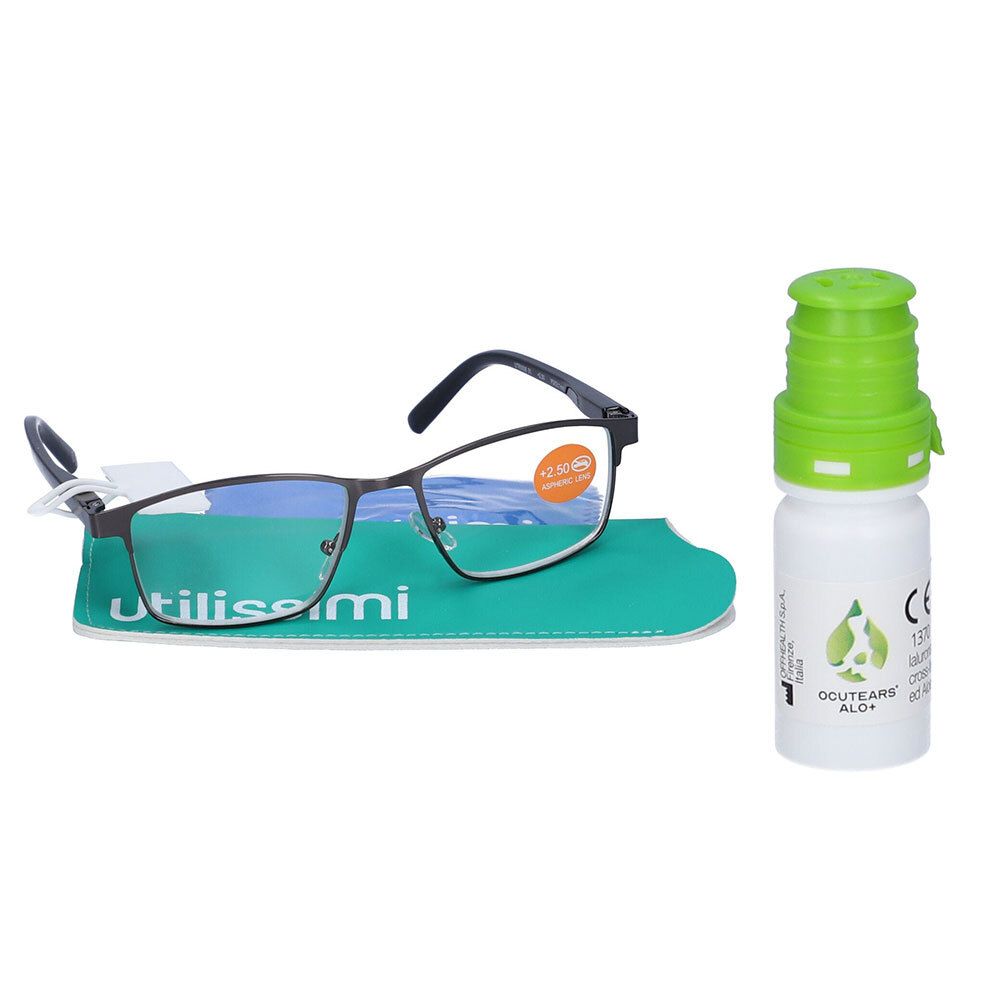 Set UTILISSIMI Occhiali da Lettura +2,50 Diottrie +  Ocutears Alo®+ Soluzione Oftalmica Lubrificante Senza Conservanti con Ialuronato di Sodio Cross-Linkato e Aloe Vera