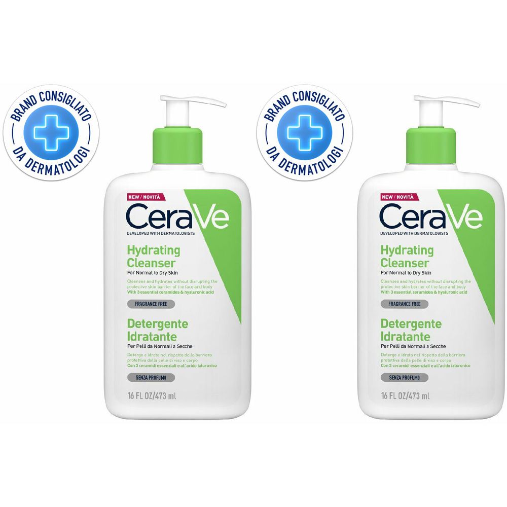 CeraVe Detergente Idratante Viso Pelle da Normale a Secca, con acido ialuronico e ceramidi 473 ml Set da 2