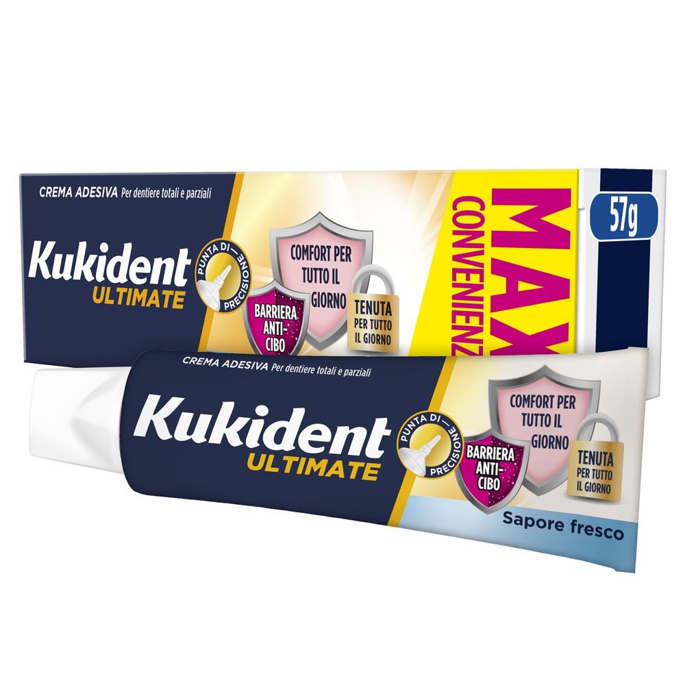 Kukident Ultimate Barriera Anti-cibo Crema Adesiva per Dentiere Totali e Parziali Sapore Fresco 57g
