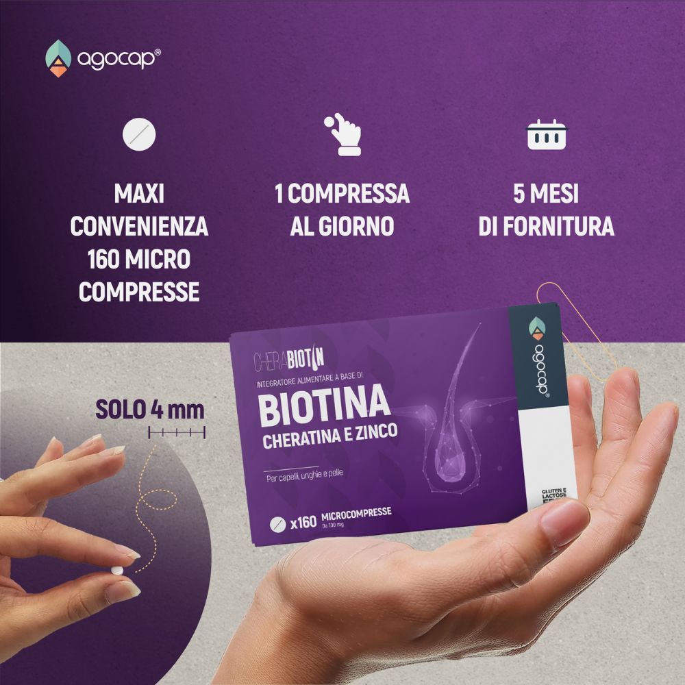 agocap - Integratore per capelli unghie e pelle con Biotina, Cheratina e Zinco Cherabiotin